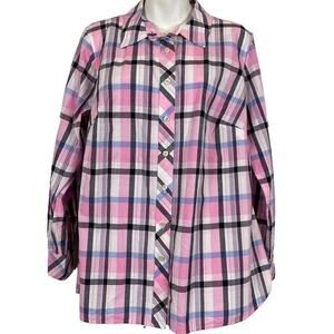 Talbots Plus Womens 100% Cotton Pink Plaid Long Sleeve Button Up Shirt X / 0X